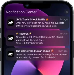 Mobile app displaying notifications for sneaker raffle and sneaker restock